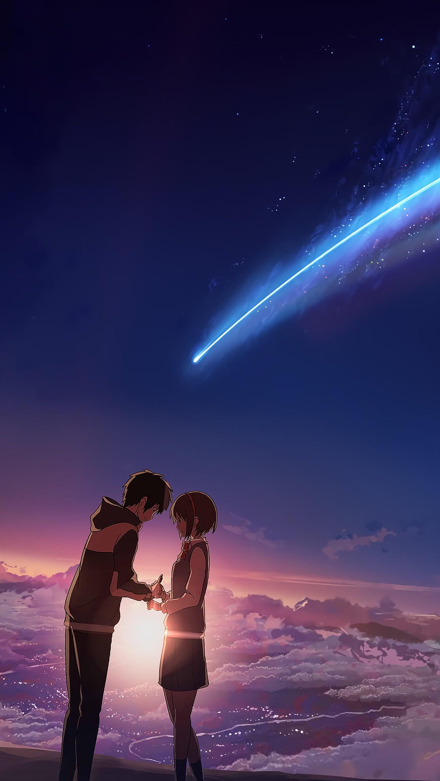 Anime Couple Holding Hands Under a Shooting Star at Sunset HD phone wallpaper