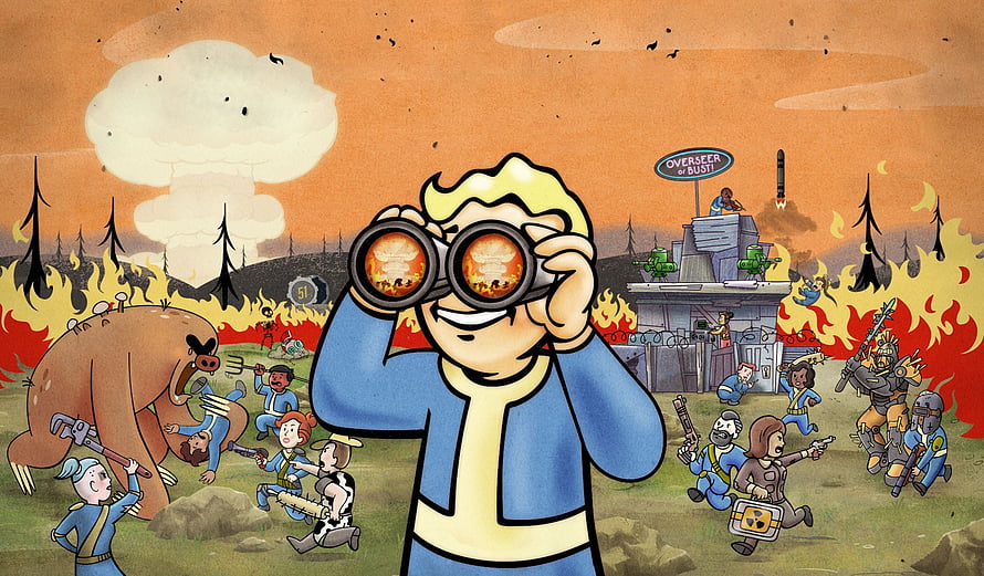 Fallout Vault Boy Aiming Binoculars Amidst Wasteland Chaos and Nuclear Explosion HD wallpaper