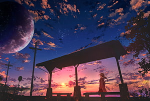 Anime Girl Standing at Twilight Bus Stop Under a Giant Moon and Starry Sky HD wallpaper