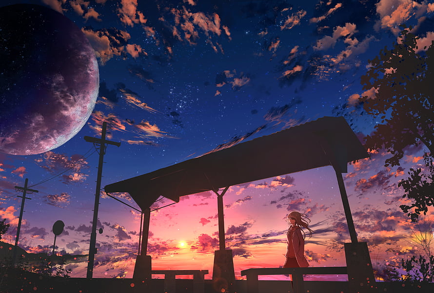 Anime Girl Standing at Twilight Bus Stop Under a Giant Moon and Starry Sky HD wallpaper