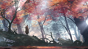 Samurai warrior standing in a misty autumn forest with vibrant red maple trees HD wallpaper