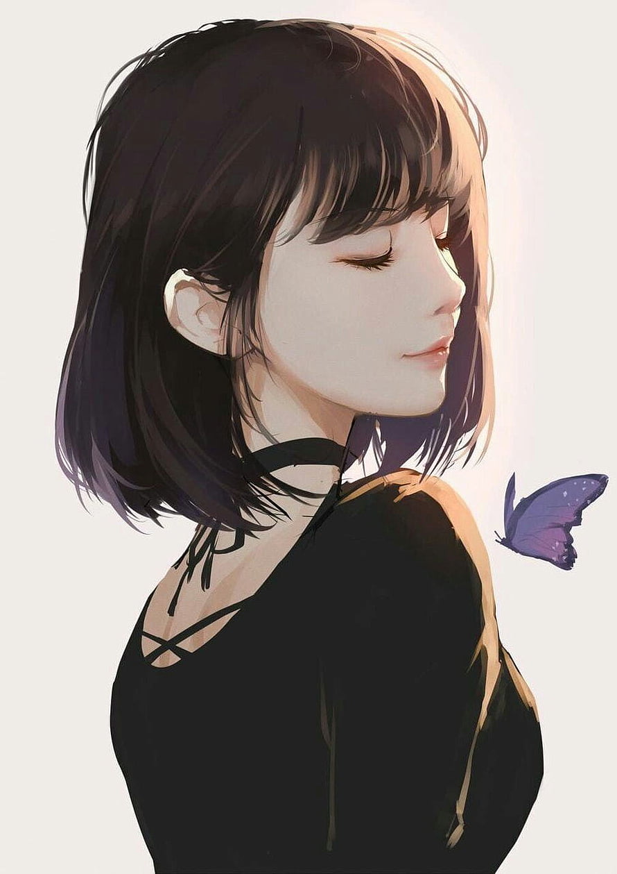 Serene Anime Girl with Short Bob Hair and Purple Butterfly HD phone wallpaper