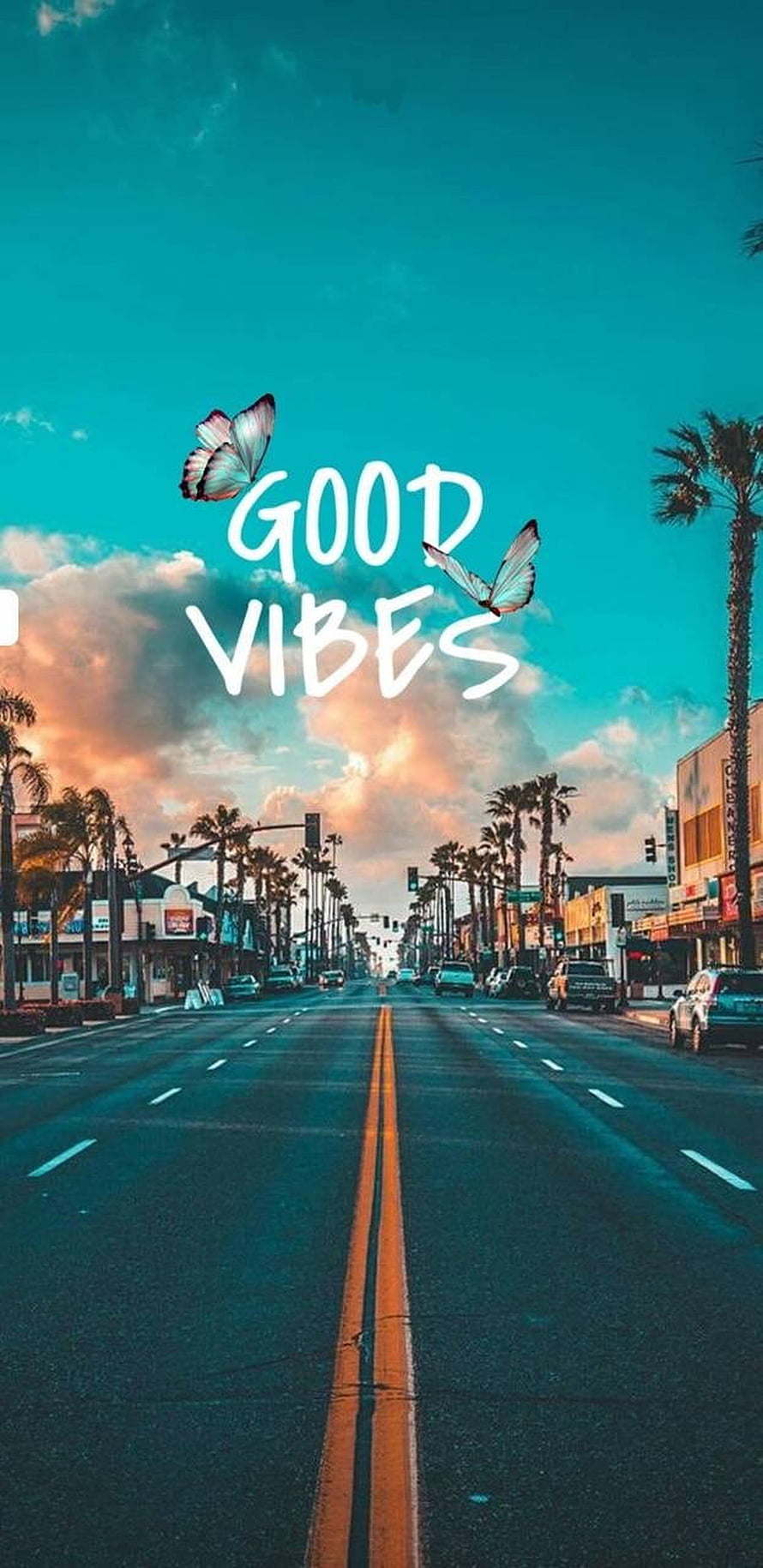 Good Vibes Street Scene With Butterflies And Palm Trees Under A Teal Sunset Sky HD phone wallpaper