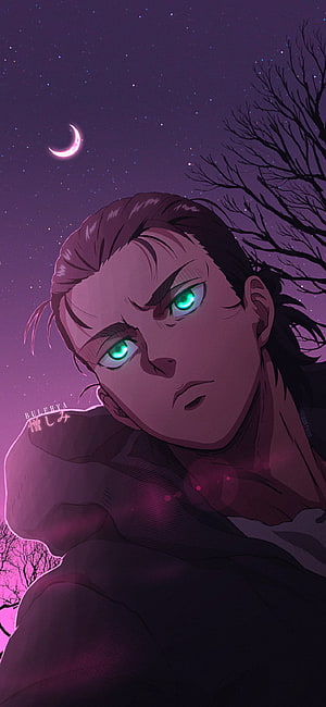 Levi Ackerman from Attack on Titan with glowing green eyes under a starry night sky, attack on titan, livai, aot, eren, mikasa, shingekinokyojin, armin, sieg HD phone wallpaper