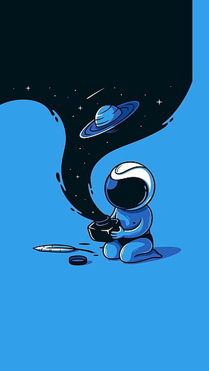 Cute Blue Astronaut Pouring Space from a Jar with Ringed Planet and Stars HD phone wallpaper