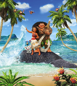 Moana and Maui on a tropical island beach with Pua and Heihei HD phone wallpaper