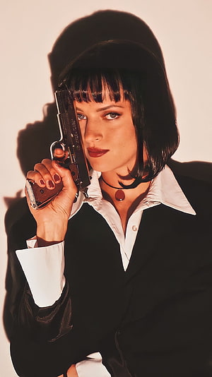 Uma Thurman as Mia Wallace in Pulp Fiction holding a pistol in a black suit HD phone wallpaper