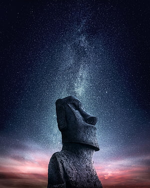 Moai Statue Silhouette Against the Milky Way and Starry Night Sky HD phone wallpaper