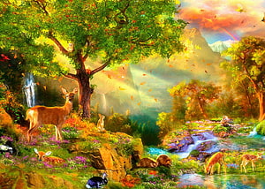 Idyllic Autumn Forest Scene With Deer, Rabbits, Waterfall, and Sunbeams in Digital Art Style HD wallpaper