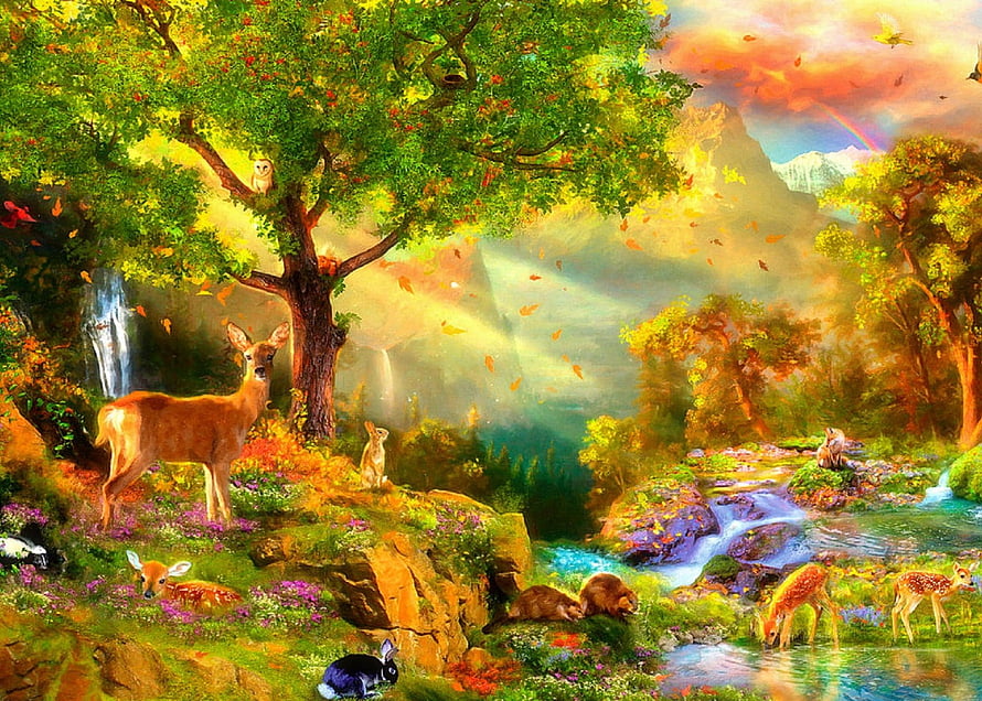 Idyllic Autumn Forest Scene With Deer, Rabbits, Waterfall, and Sunbeams in Digital Art Style HD wallpaper