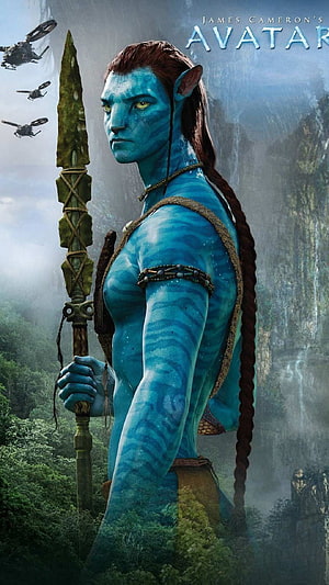 Jake Sully from Avatar holding a spear in the lush forests of Pandora with helicopters in the distance HD phone wallpaper