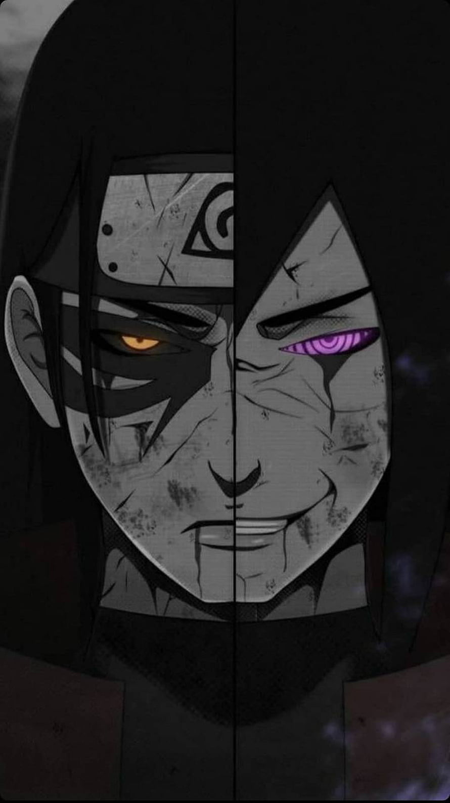Naruto Anime Split Face Portrait of Madara and Hashirama with Sharingan and Rinnegan Eyes HD phone wallpaper