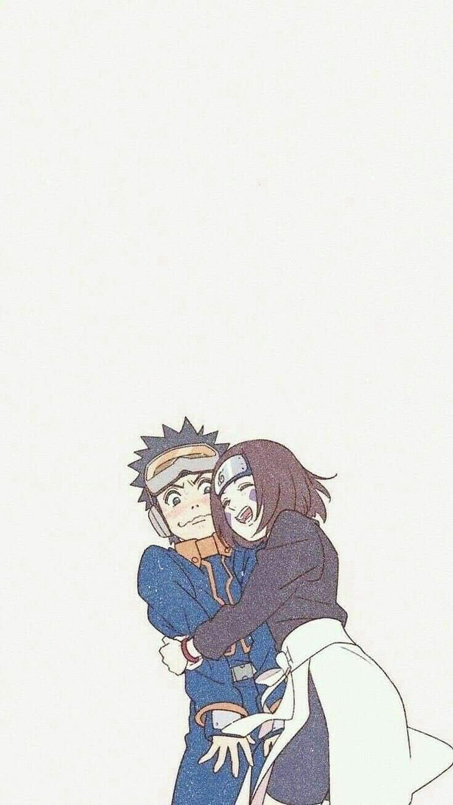 Naruto Anime Obito and Rin Sharing a Warm Embrace in a Soft Watercolor Style HD phone wallpaper