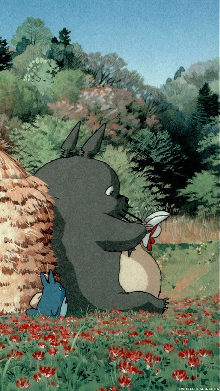 Totoro and Chibi Totoro in a Red Poppy Field with Haystack and Forest Background HD phone wallpaper