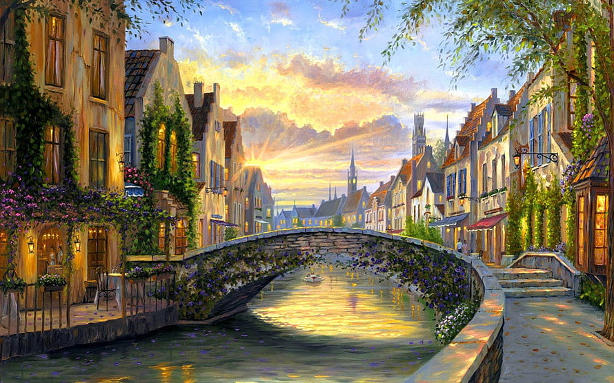 Venetian Canal at Sunset with Stone Bridge and Flowered Buildings HD wallpaper