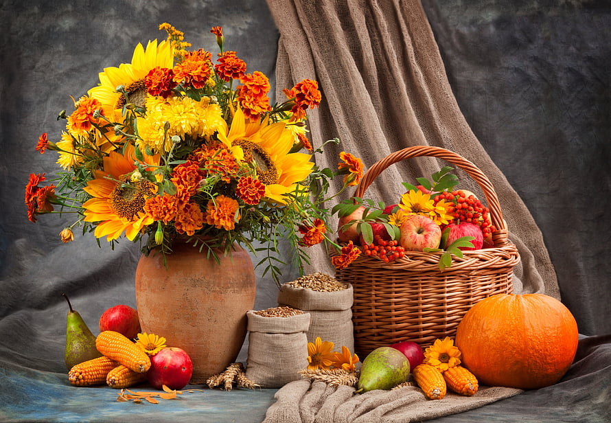 Rustic Harvest Still Life Featuring Sunflowers, Pumpkins, and Wicker Basket of Apples HD wallpaper