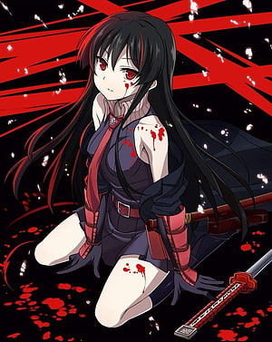 Akame Ga Kill Anime Character with Katana and Blood Splatter on Dark Background HD phone wallpaper