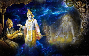 Lord Krishna and Arjuna Divine Cosmic Scene with Celestial Figures HD wallpaper