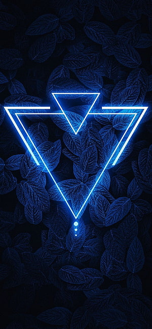 Glowing Blue Neon Triangle Over Dark Leaf Pattern AMOLED Wallpaper HD phone wallpaper