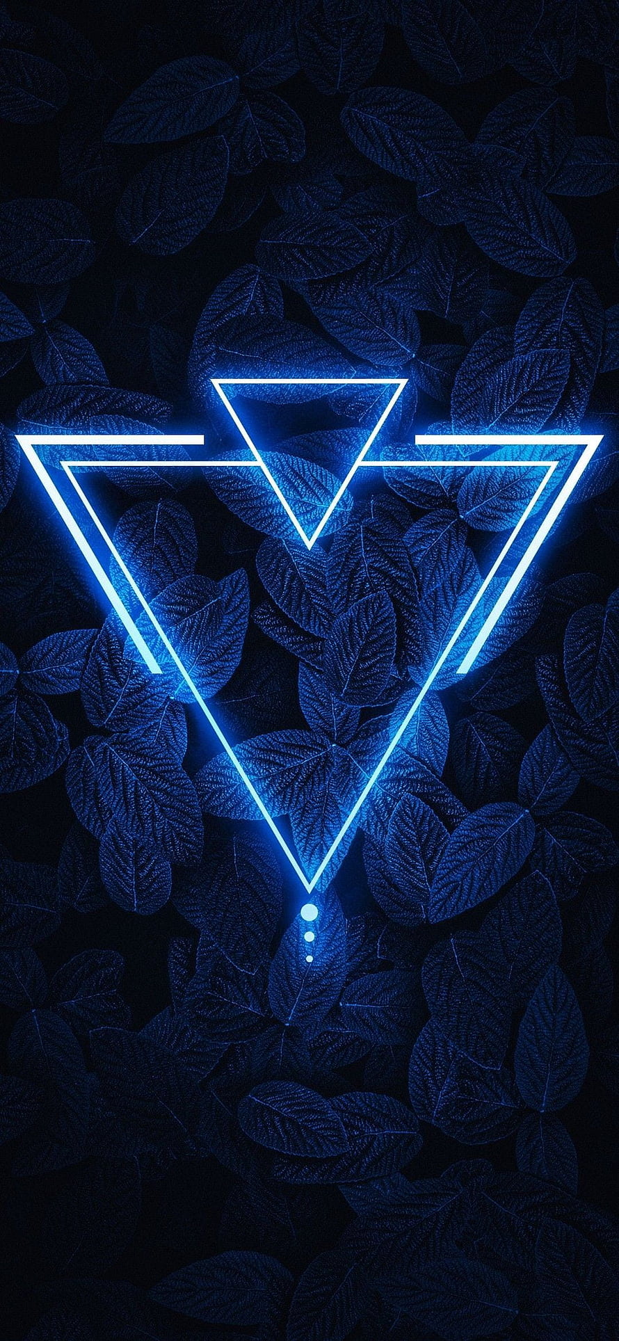 Glowing Blue Neon Triangle Over Dark Leaf Pattern AMOLED Wallpaper HD phone wallpaper
