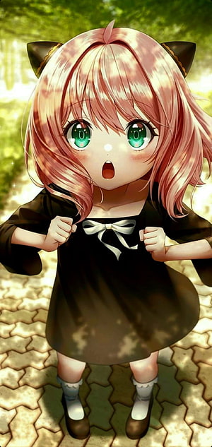 Anya Forger from Spy x Family in a black dress with cat ears standing in a sunlit garden HD phone wallpaper
