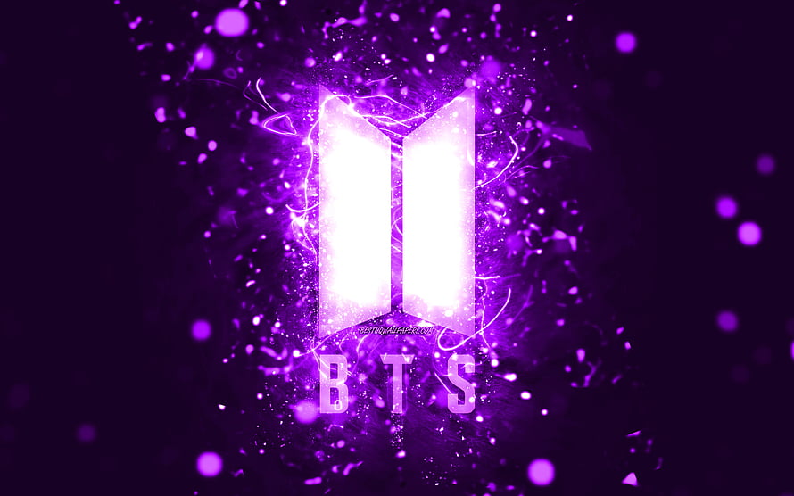 BTS Violet Neon Logo with Electric Purple Sparks and Glowing Abstract Background HD wallpaper
