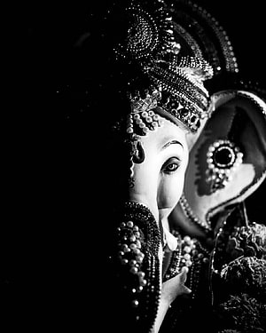 Black and White Portrait of Lord Ganesha in Ornate Traditional Attire HD phone wallpaper