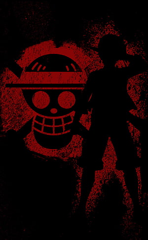 One Piece Jolly Roger Skull and Crossed Swords with Silhouette in Red and Black Grunge Style HD phone wallpaper