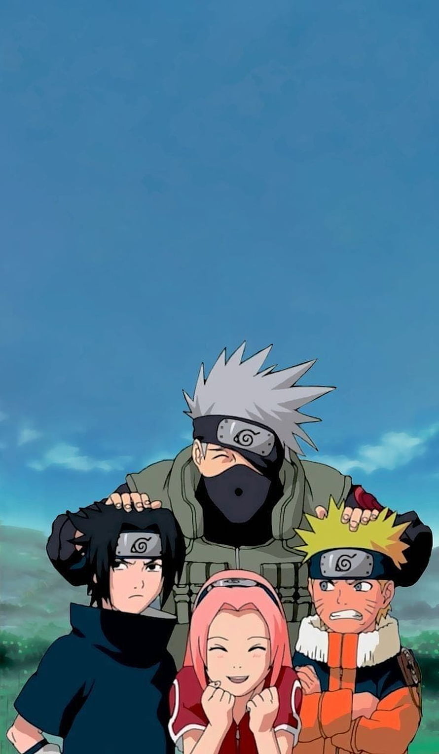 Naruto Shippuden Team 7 with Kakashi Hatake Standing Together Under Blue Sky HD phone wallpaper