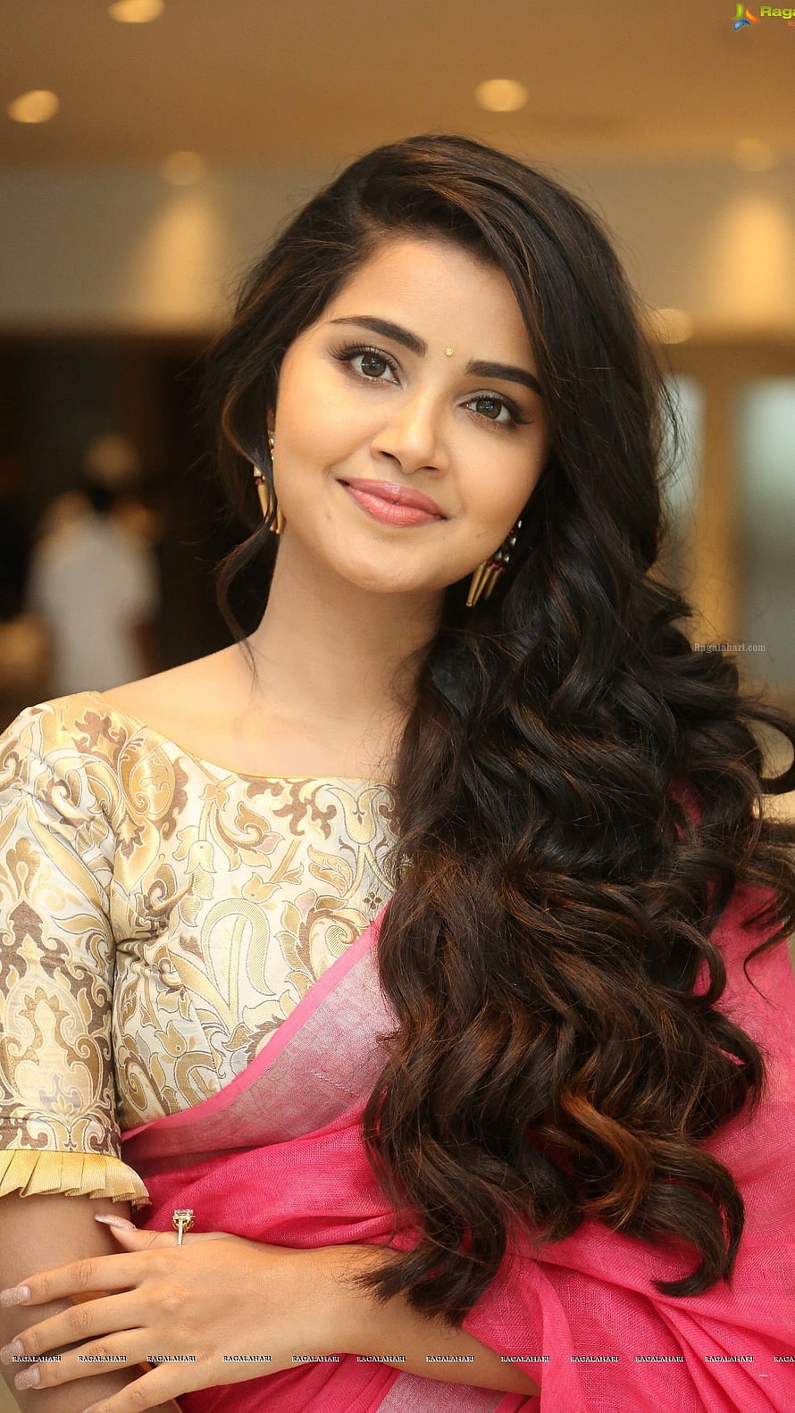 Anupama Parameswaran in a Pink Saree with Gold Blouse and Long Wavy Hair HD phone wallpaper