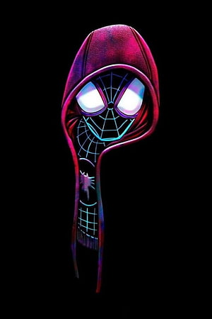 Miles Morales Spider-Man Hooded Portrait with Neon Web Pattern on Black Background HD phone wallpaper