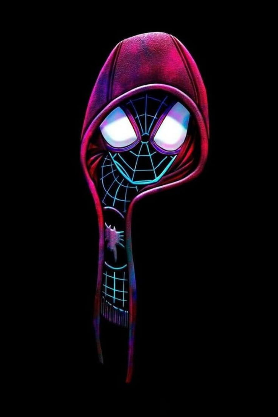 Miles Morales Spider-Man Hooded Portrait with Neon Web Pattern on Black Background HD phone wallpaper
