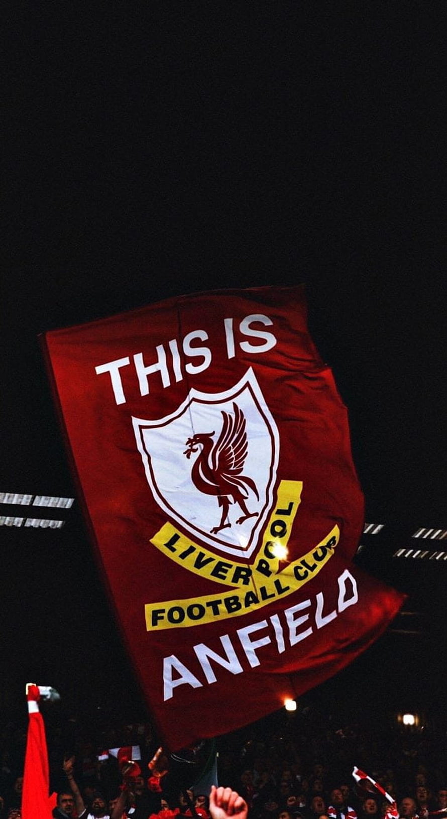 Liverpool FC Anfield Flag at Night with Crowd and Stadium Lights HD phone wallpaper