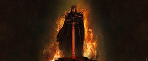 Dark Lord of the Rings Fantasy King Standing in Flames with Glowing Sword HD wallpaper