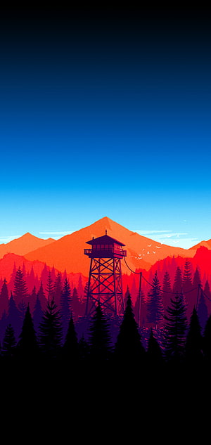 Firewatch Watchtower at Sunset with Pine Forest and Mountain Silhouette HD phone wallpaper