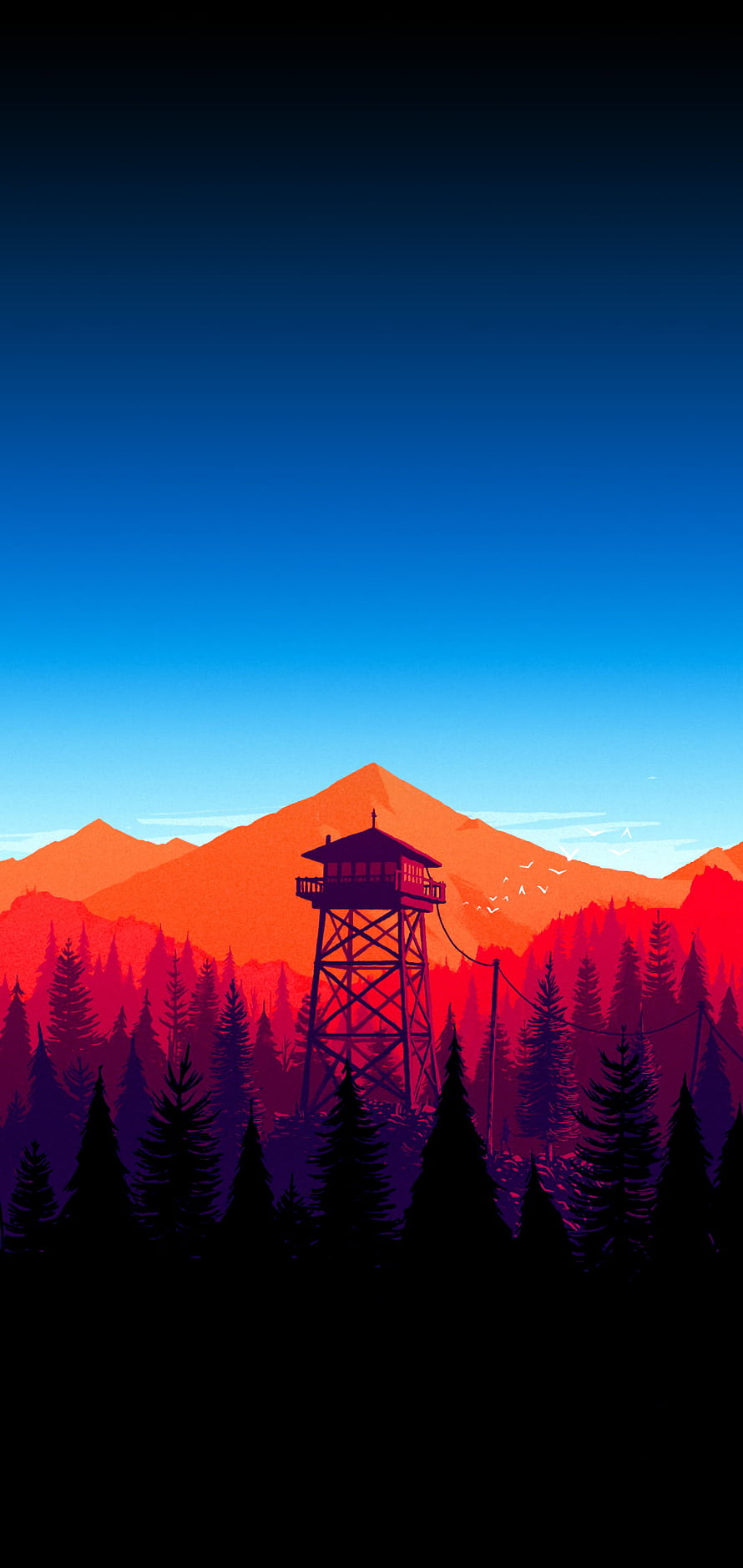 Firewatch Watchtower at Sunset with Pine Forest and Mountain Silhouette HD phone wallpaper