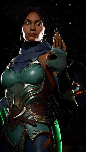 Jade Mk11 Character Portrait in Green and Gold Armor from Mortal Kombat HD phone wallpaper