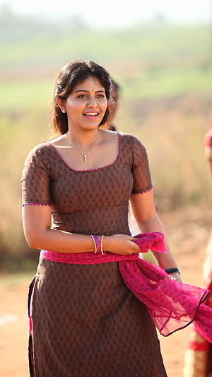 Anjali Tamil Actress in Brown Patterned Dress with Pink Sash HD phone wallpaper