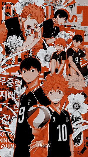 Haikyuu!! Kagehina Duo in Karasuno Uniforms with Volleyball and Floral Collage HD phone wallpaper