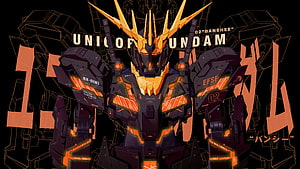 Unicorn Gundam Banshee RX-09N1 Mobile Suit Front View with Golden Horns and Orange Accents HD wallpaper
