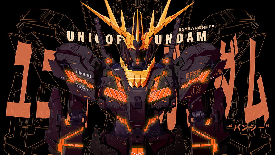 Unicorn Gundam Banshee RX-09N1 Mobile Suit Front View with Golden Horns and Orange Accents HD wallpaper