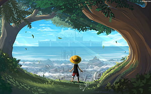 Monkey D Luffy Gazing at a Distant City from a Tree Hollow in One Piece Digital Art HD wallpaper
