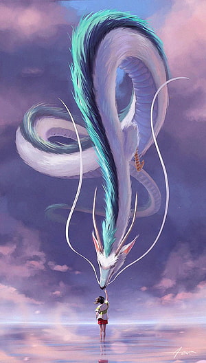 Haku Dragon and Girl Touching Noses in Ethereal Sky HD phone wallpaper