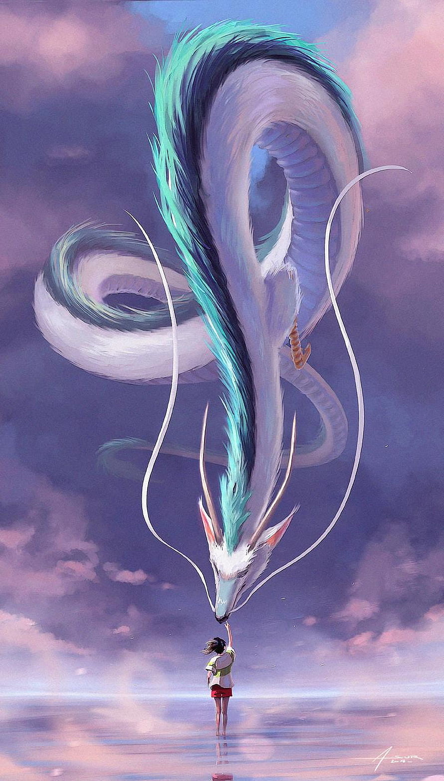Haku Dragon and Girl Touching Noses in Ethereal Sky HD phone wallpaper