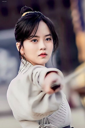 Kim Sohyun in Traditional Hanbok Attire with Hair Bun and White Robe HD phone wallpaper