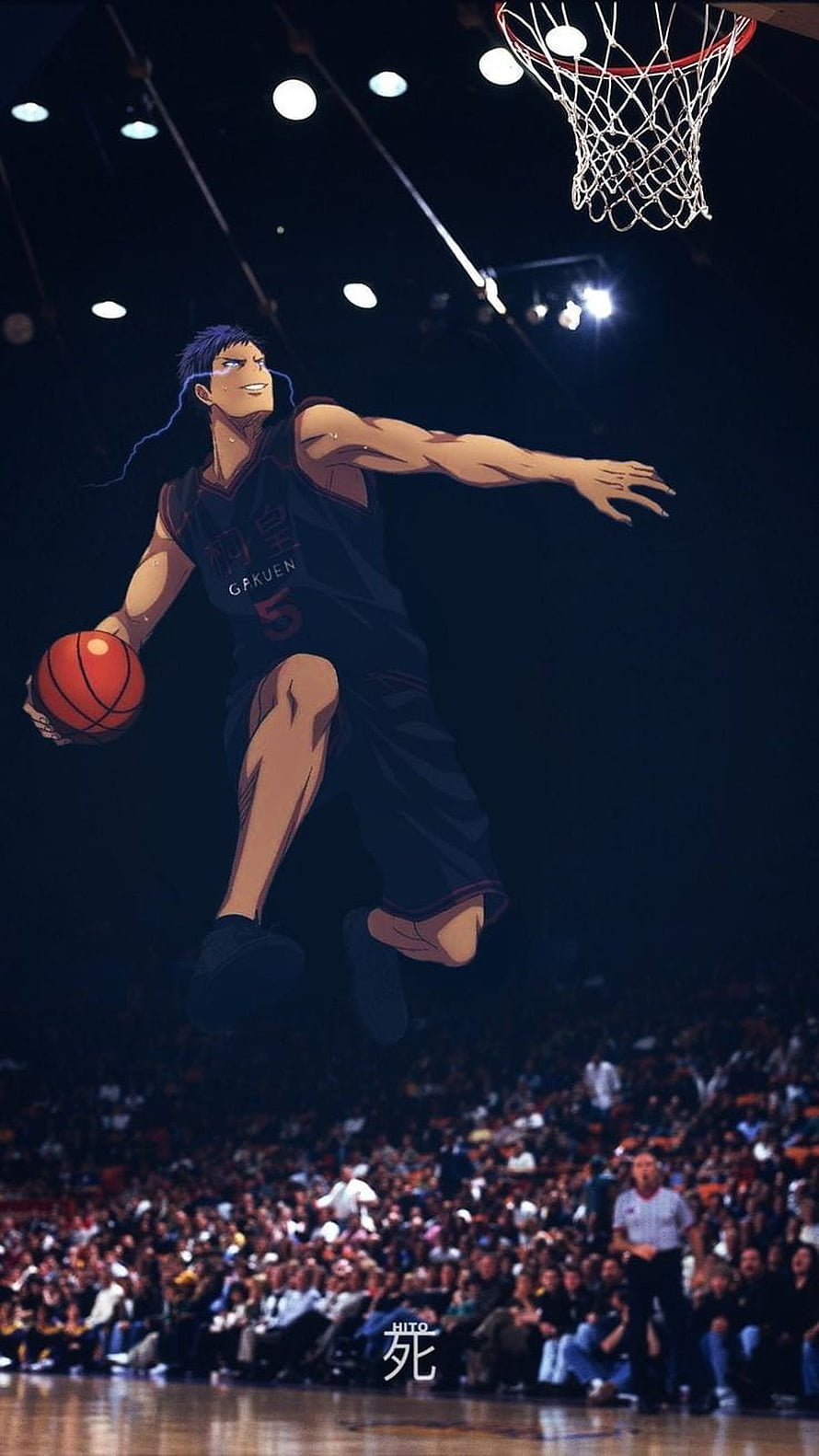 Daiki Aomine Mid-Air Dunk in Gakuen Uniform from Kuroko no Basket HD phone wallpaper
