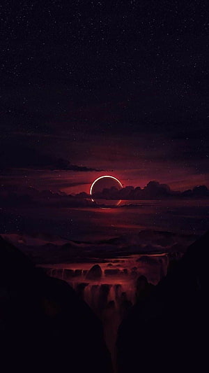 Crimson Eclipse Over Dark Canyon with Starry Night Sky and Cloud Sea HD phone wallpaper