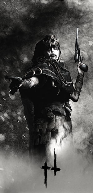 Felis from Hunt Showdown in Black and White, Dual Wielding Revolvers in a Skull Mask HD phone wallpaper