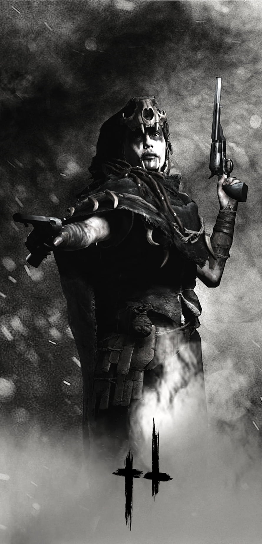 Felis from Hunt Showdown in Black and White, Dual Wielding Revolvers in a Skull Mask HD phone wallpaper