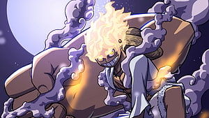 Monkey D. Luffy Gear 5 Sun God Nika Form with Flame Hair and Purple Smoke HD wallpaper